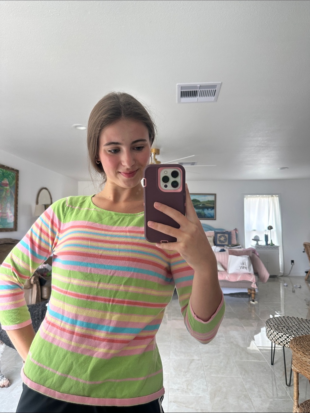 Talbots Green and Pink Striped Long Sleeve Top